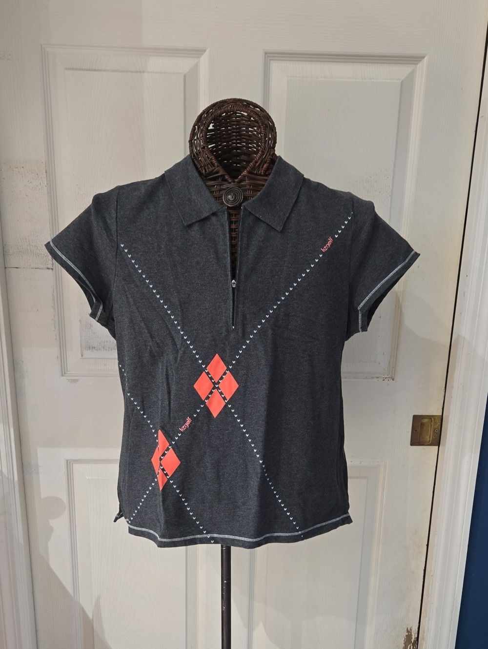 Liz Golf Women's Charcoal Polo Shirt with Coral Argyle Details-Size XL